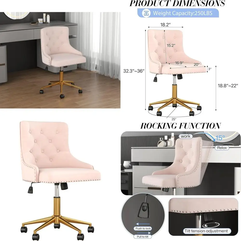 

Plush Swivel Vanity Chair, Adjustable Height, Cute Makeup Seat for Women/Girls, Light Pink with Gold Base, Ideal for Home Office