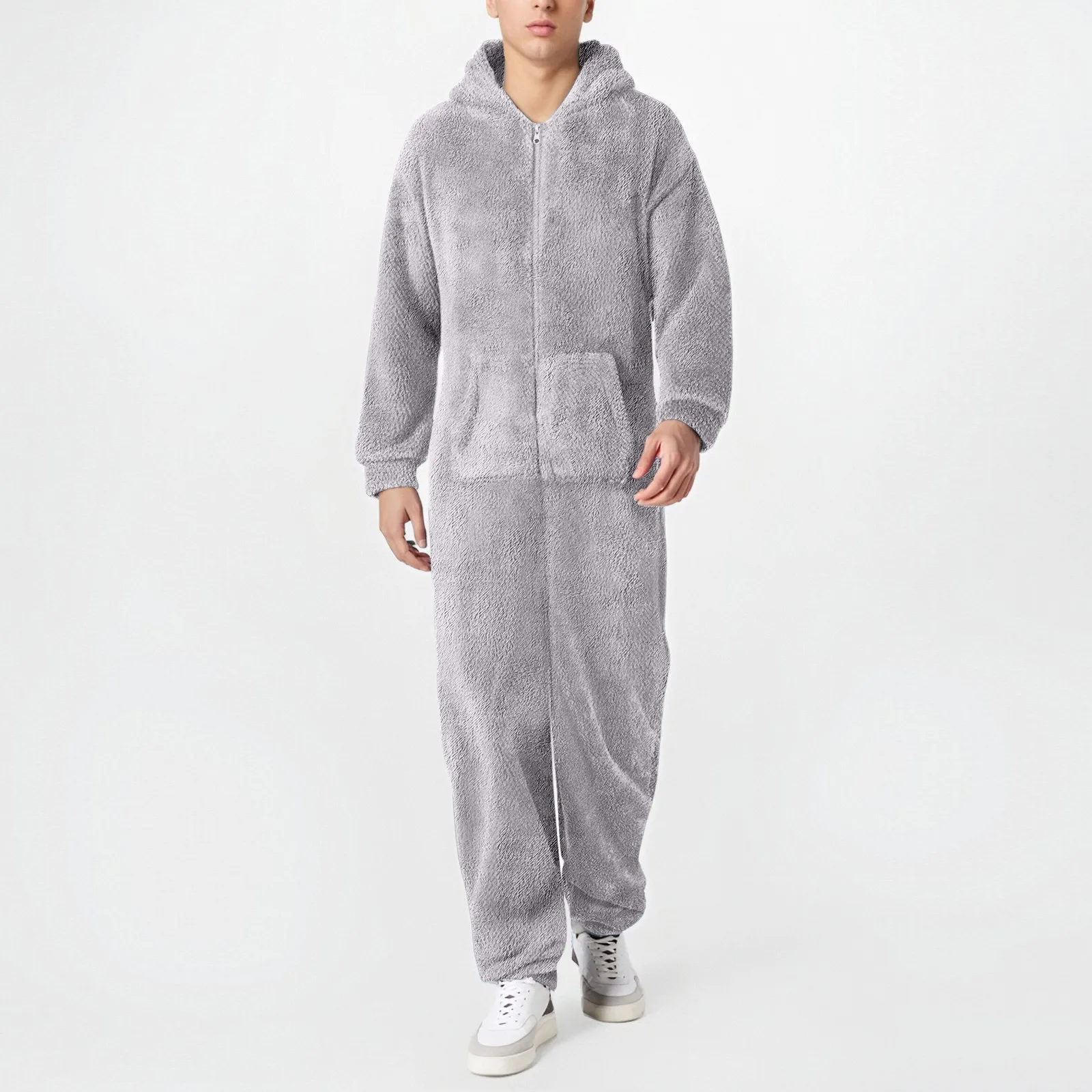 Pyjama à capuche à manches longues pour hommes avec fermeture éclair, chemise de nuit décontractée, Onesie d'hiver, pyjama une pièce, document solide, sourire