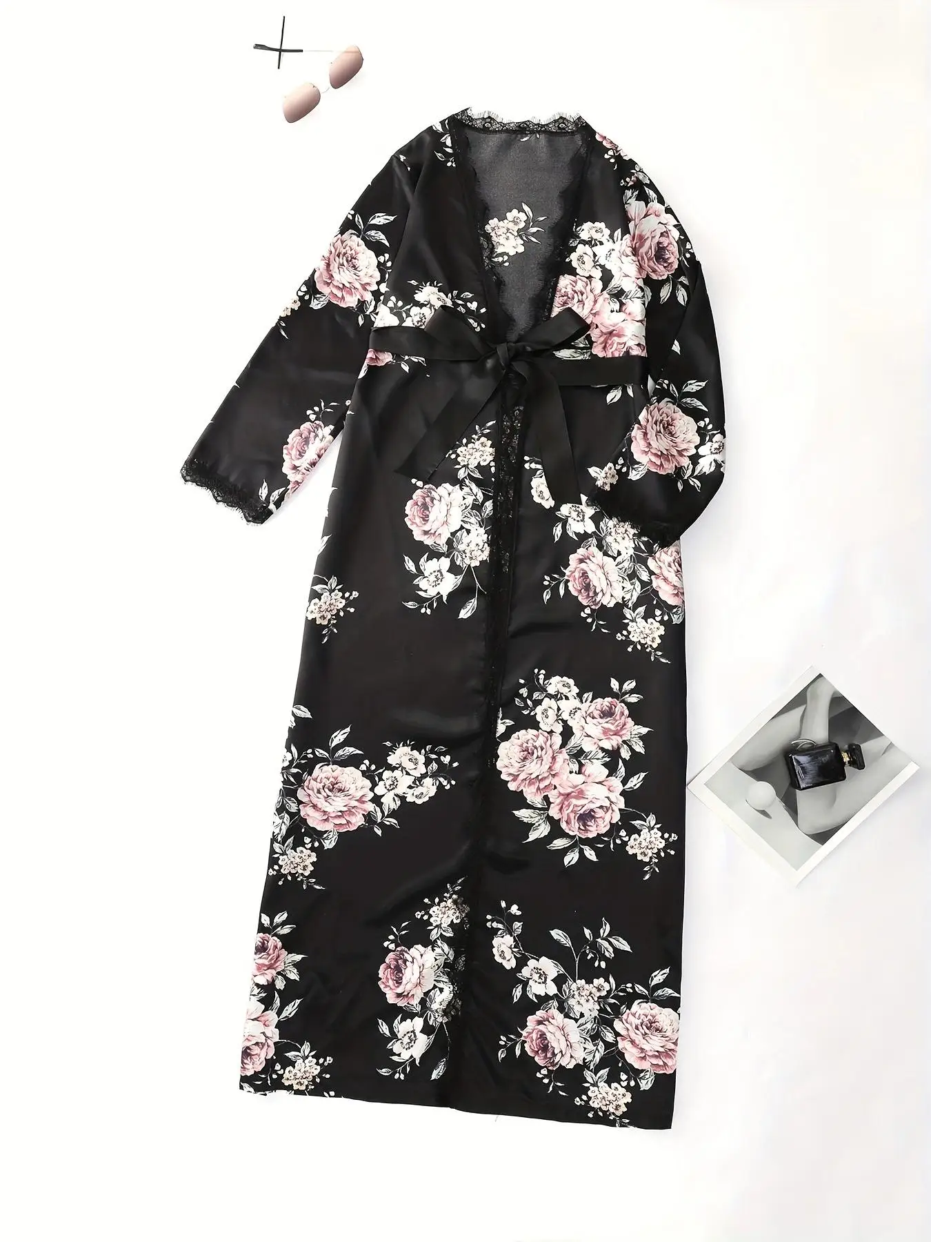 

2024 New Black Floral Print Lace Sexy Long Women's Robe