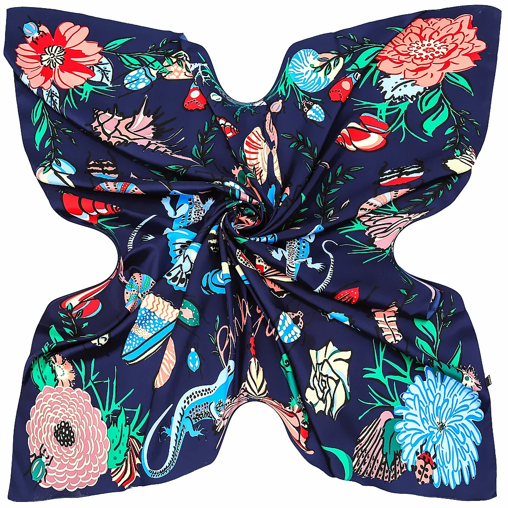 130cm Twill Silk Big Butterfly Insect Print Female Headscarf Shawl Scarf Neck Gaiter Kerchief Sunscreen Head Scarves Beach Towel