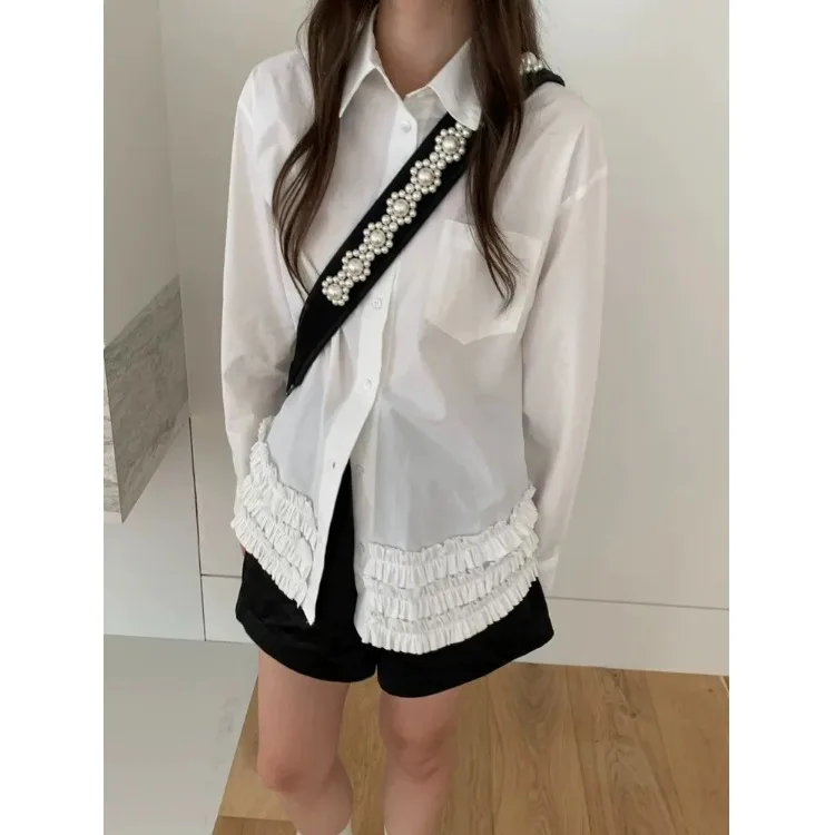 

Ele White irt женская ретро-дизайн с ушками и кружевной отделкой для похудения, универсальная корейская внутренняя одежда, повседневная одежда обычного кроя