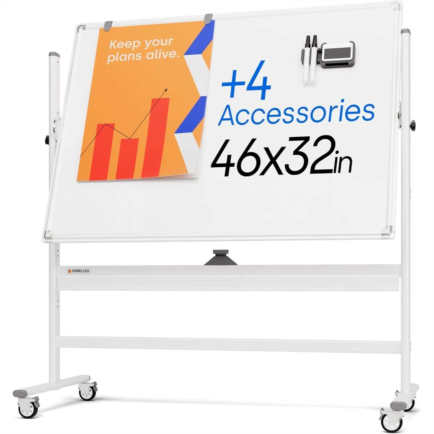 

Rolling Dry Erase Board 46 x 32 - Large Portable Magnetic Whiteboard with Stand - Double Sided Easel with Wheels for Office