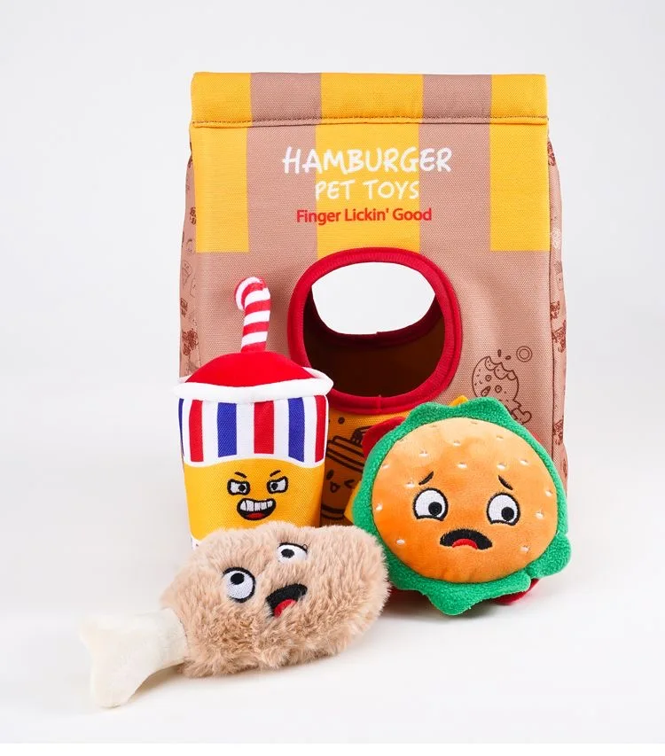 Jouet à mâcher en peluche pour animaux de compagnie, chips de pommes de terre, hamburgers, ensemble de bière, son, jouet exécutif, degré de morsure coule, meulage des dents, fournitures d'entraînement