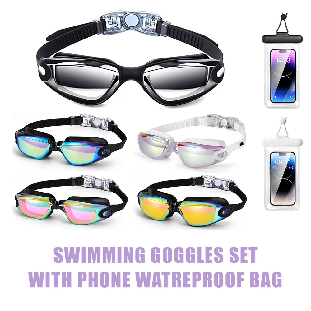 Professionelle Antibeschlag-Schwimmbrille für Männer/Frauen – UV-Schutz, HD-Schwimmbrille, Brillen + wasserdichte Handytasche, Geschenke für Erwachsene