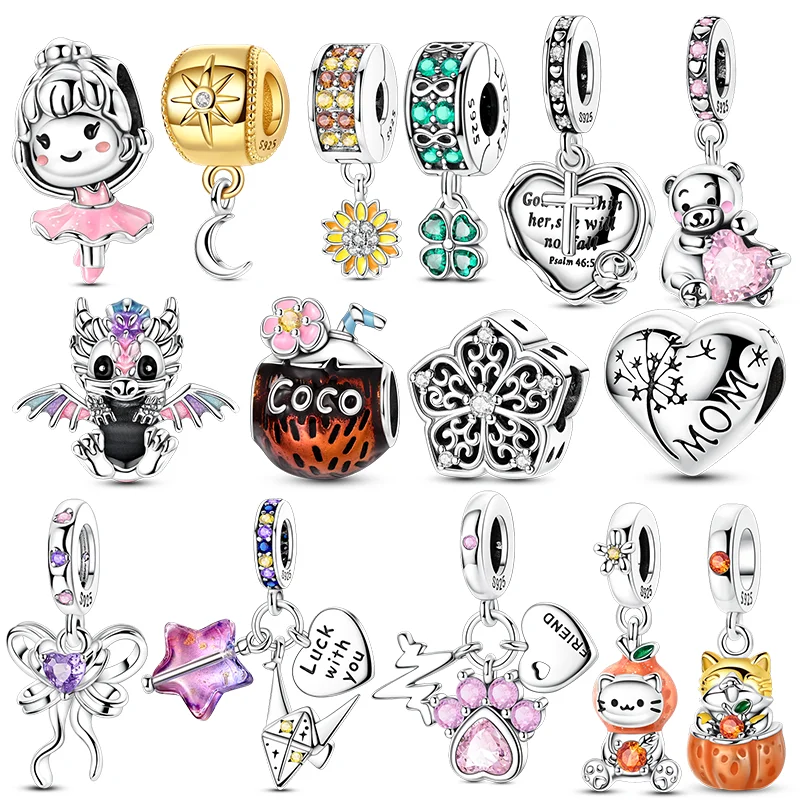 

Lucky Clover Charms Bead Original 925 Sterling Silver Inlaid Pink Zirconium Cute Pets Pendants Fit Bracelet Jewelry Lover Gift