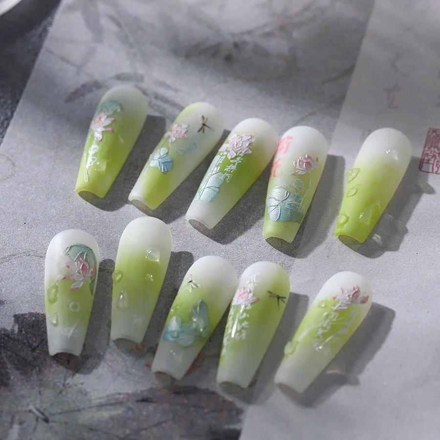 Chinese Style Lotus Flowers Leaf Dragonflies 5D Self Adhesive Nail Art Stickers Water Lily Red Carp Goldfish Manicure Decals