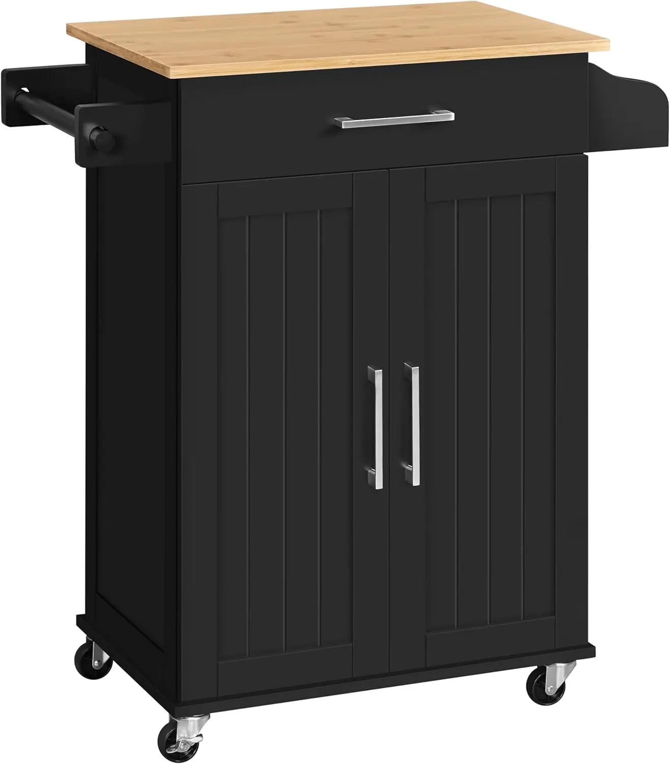 Kitchen Island on Wheels with Storage Cabinet, Rolling Kitchen Cart with Bamboo Top & Drawer & Spice Rack Towel Bar, Microwave S