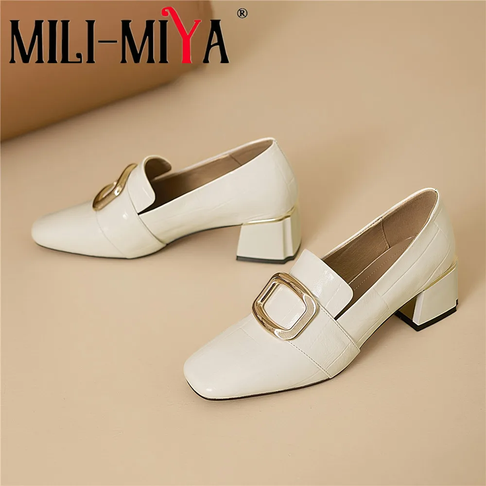 MILI-MIYA Women's Leather Square-Toe Pumps With Metal Buckle And Chunky Heel Commuter-Friendly Minimalist Slip-On Casual Shoes