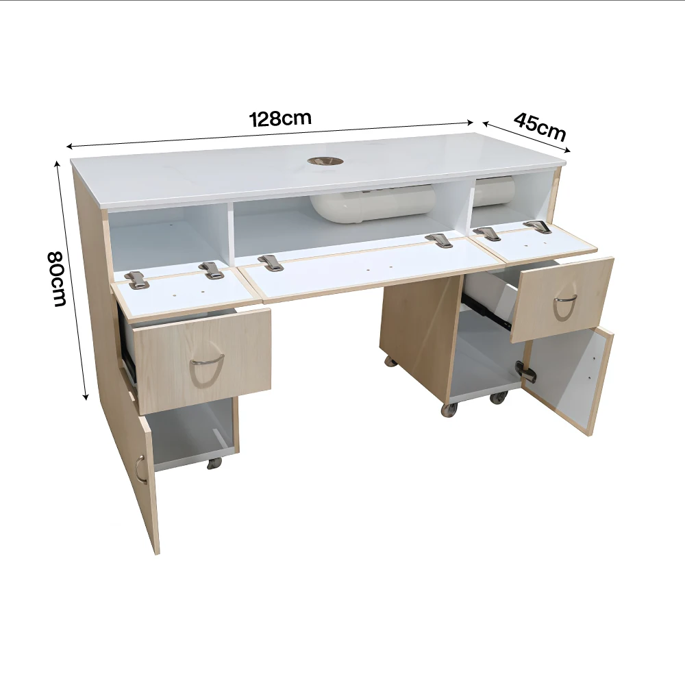 Nail Salon Manicure Table, Wood and Marble, 128*45*80cm, Wooden Manicure Desk with Dust Collector, Nail Beauty Workstation