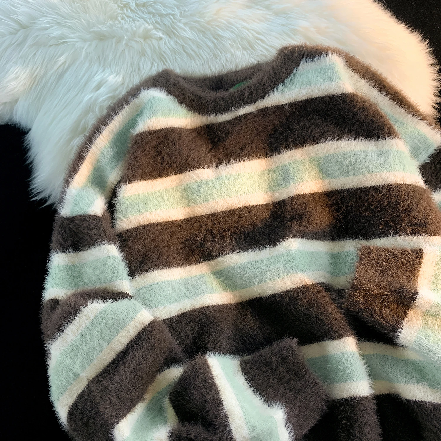 

Свитер Thiened Round Ne, осенне-зимний, женский, повседневный, свободный, с полосками из меха кролика, вязаная верхняя одежда для пар