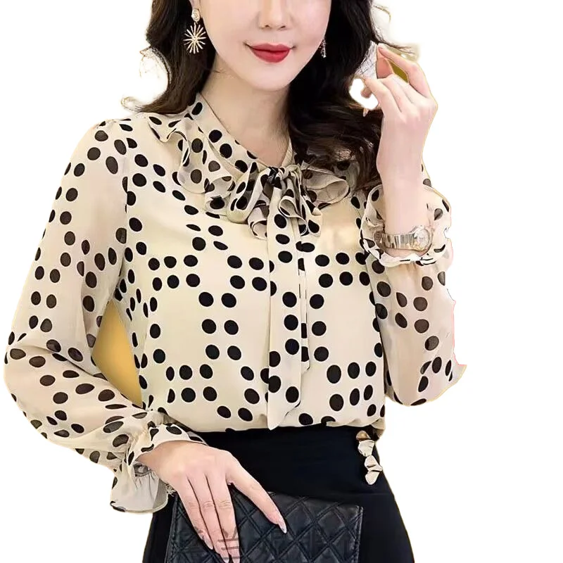 2023 New Spring and Summer Fashion Trend Commuting Simple and Elegant Style Spliced Ruffle Collar Lace Up Dotted Women\'s Shirt