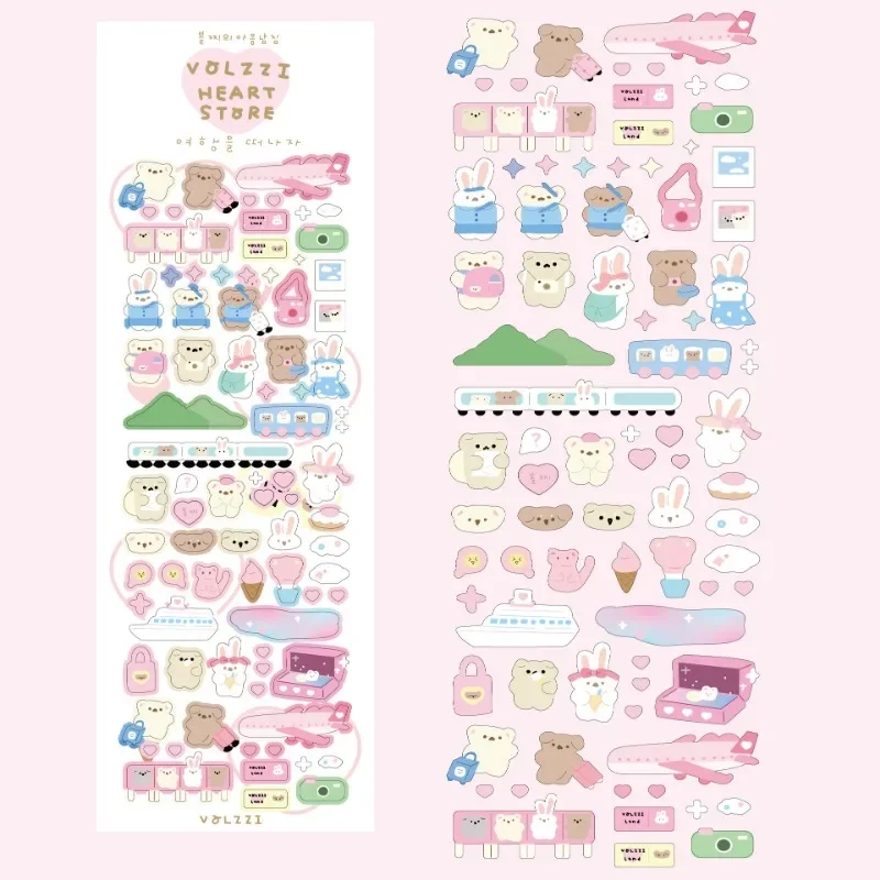 Pegatinas coreanas Kawaii de oso y conejo con borde plateado, pegatinas de juguetes clásicos DIY, decoración para niños, papelería de trébol de la suerte