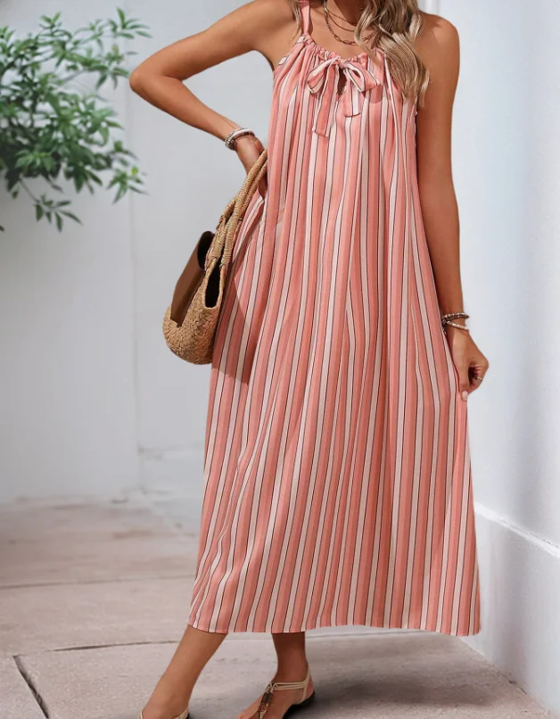 

Elegant Summer Camisole Dress with a Loose Fit and Striped Design