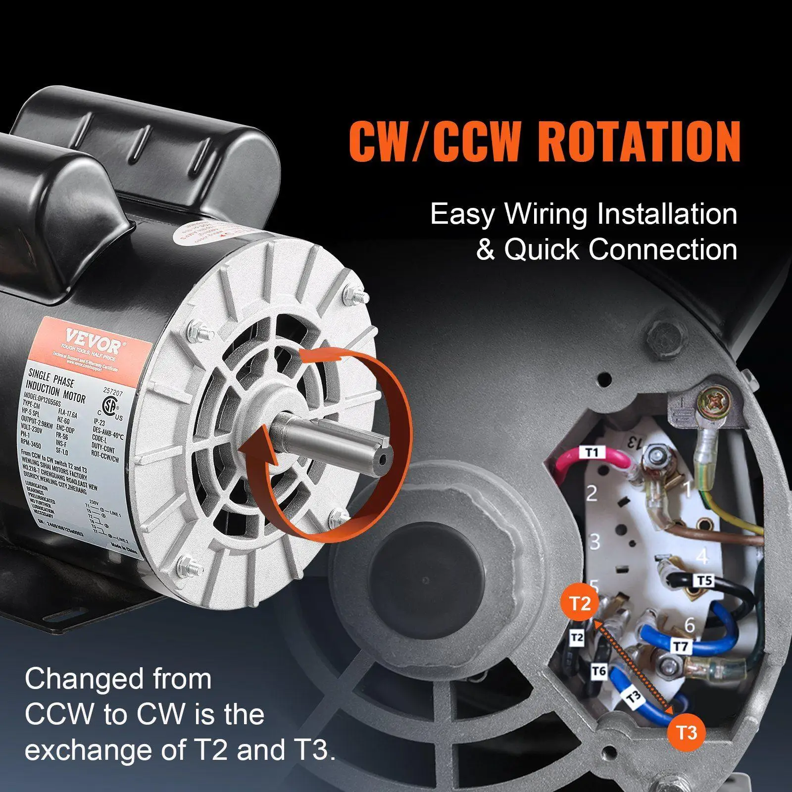 محرك 5HP SPL 3450 دورة في الدقيقة 230 فولت 17.6A 56 إطار ضاغط هواء مفتوح مقاوم للتنقيط 5/8 بوصة عمود مفاتيح دوران قابل للعكس شديد التحمل #4