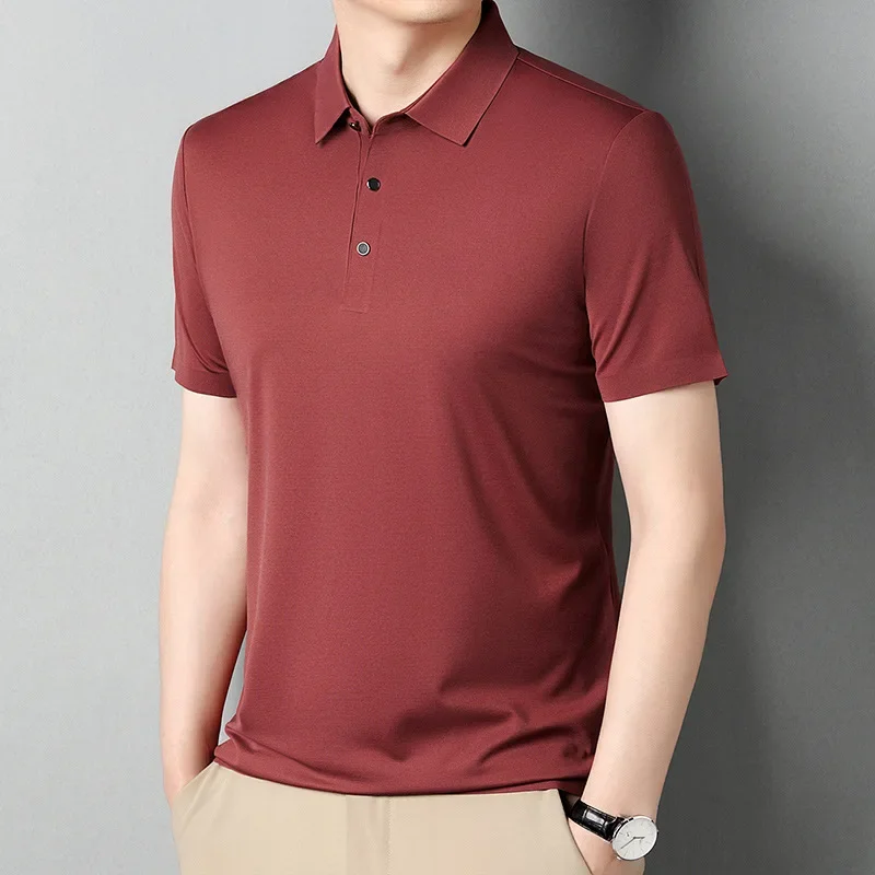 Men's Summer Cool Silk Blend Polo Shirt Short Sleeve Anti-Wrinkle Breathable Casual Top