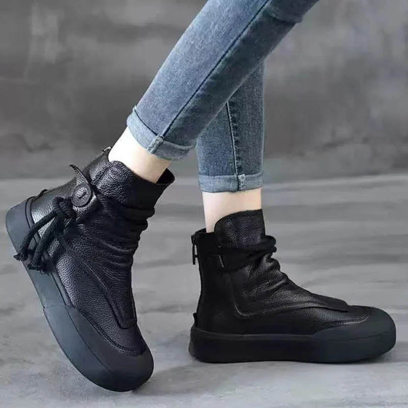 Platform Women Snow Ankle Boots Leather Winter Flats Shoes Designer Classic Oxford Boots New 2024 Trend Walking Mujer Zapatillas