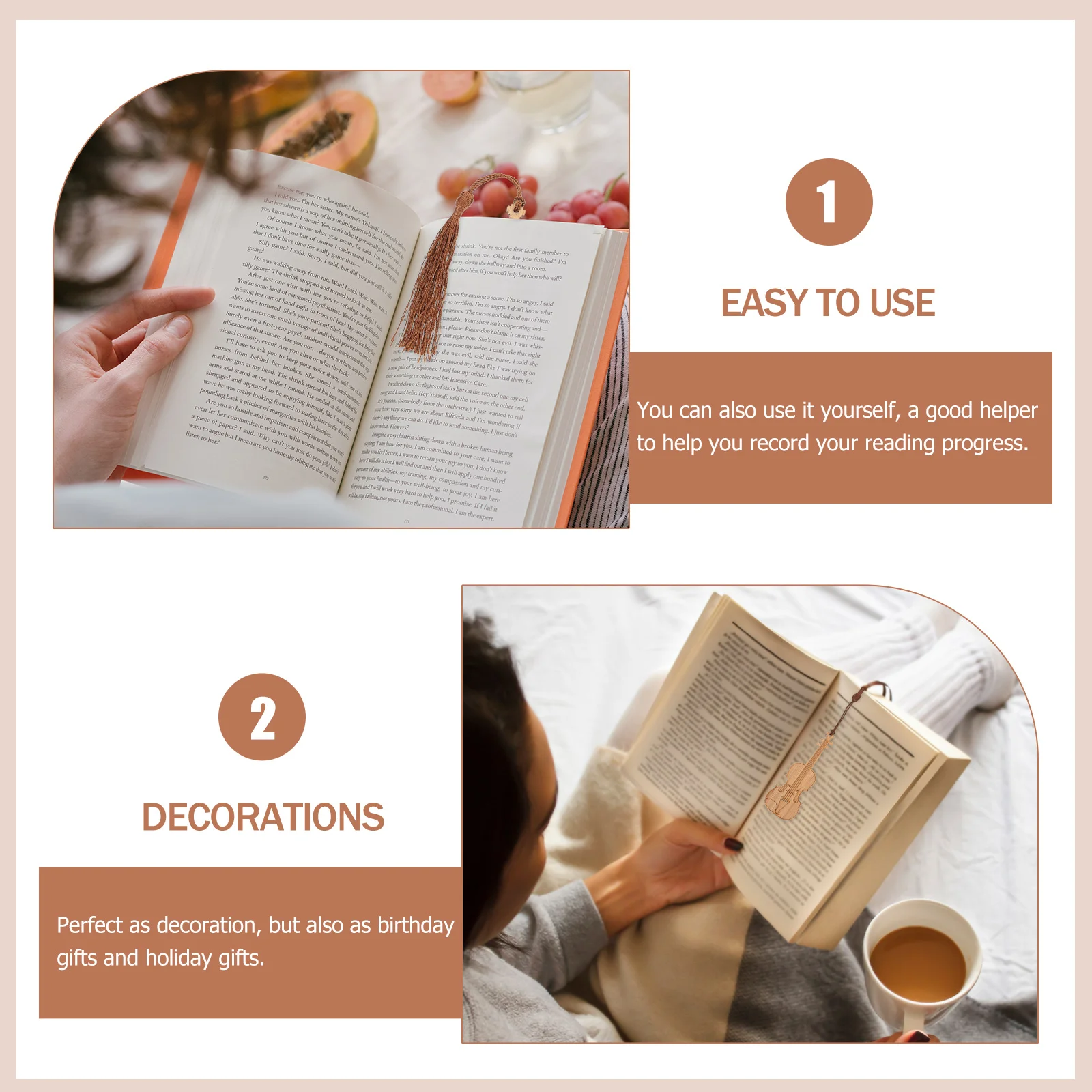 

4Pcs Elegant Bamboo Bookmarks Violin Design with Tassel Functional Page Holders for Classroom Office Library Daily Reading Use