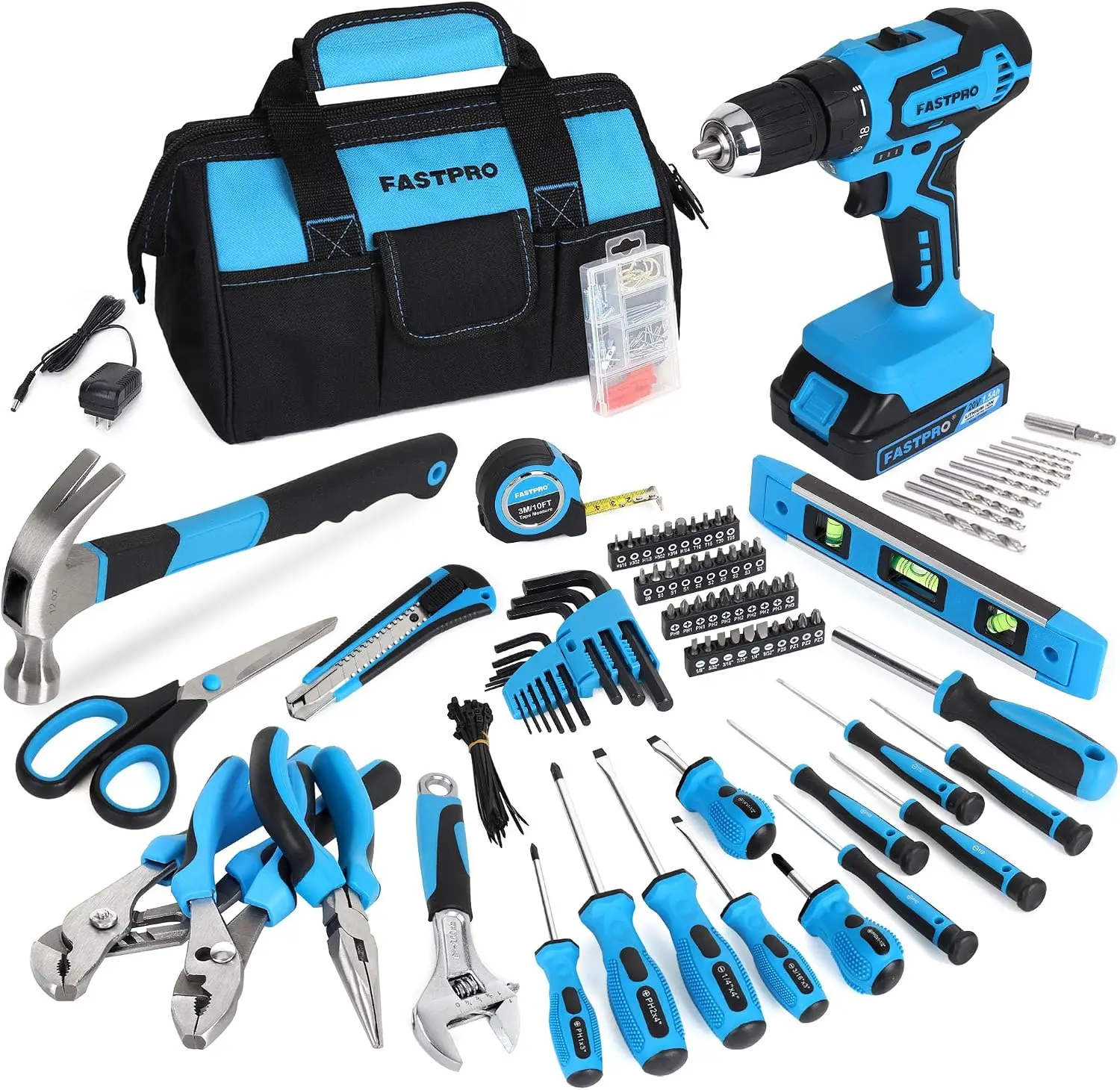 Portable Household Repairing Tool Set with 20V Drill, Blue, CR-V Steel, 2-Speed, 19 Torque