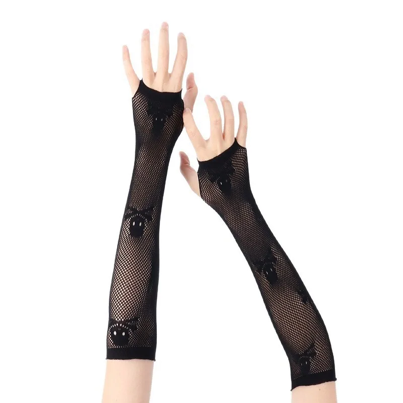 

Сексуальные кружевные перчатки, перчатки с черепом, перчатки для косплея на Хэллоуин, черные дышащие сетчатые перчатки с полупальцами