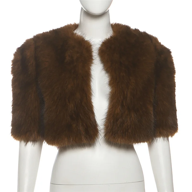 

Faux Fur Open Stitch Coats Fall Winter Women Fashion Warm O Neck Halt Sleeve Comfortable Furry Jackets Crop Tops Outerwear