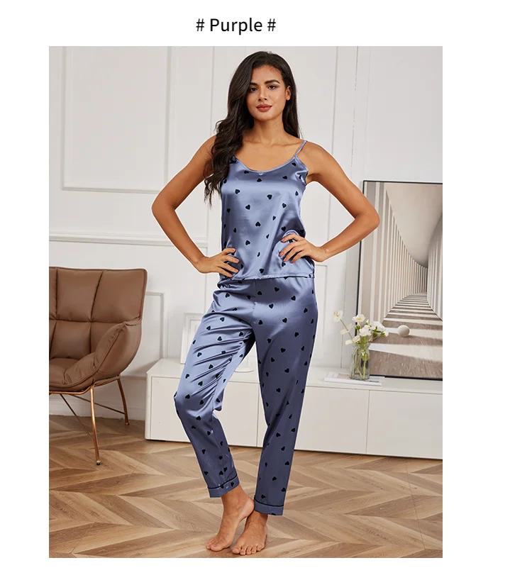 Damen Hauskleidung sexy V-Ausschnitt Pyjama Seide Pyjama Set Nachtwäsche Satin Cami Weste mit Hose Pyjama 2 Stück Sets Lounge wear – Detail 12