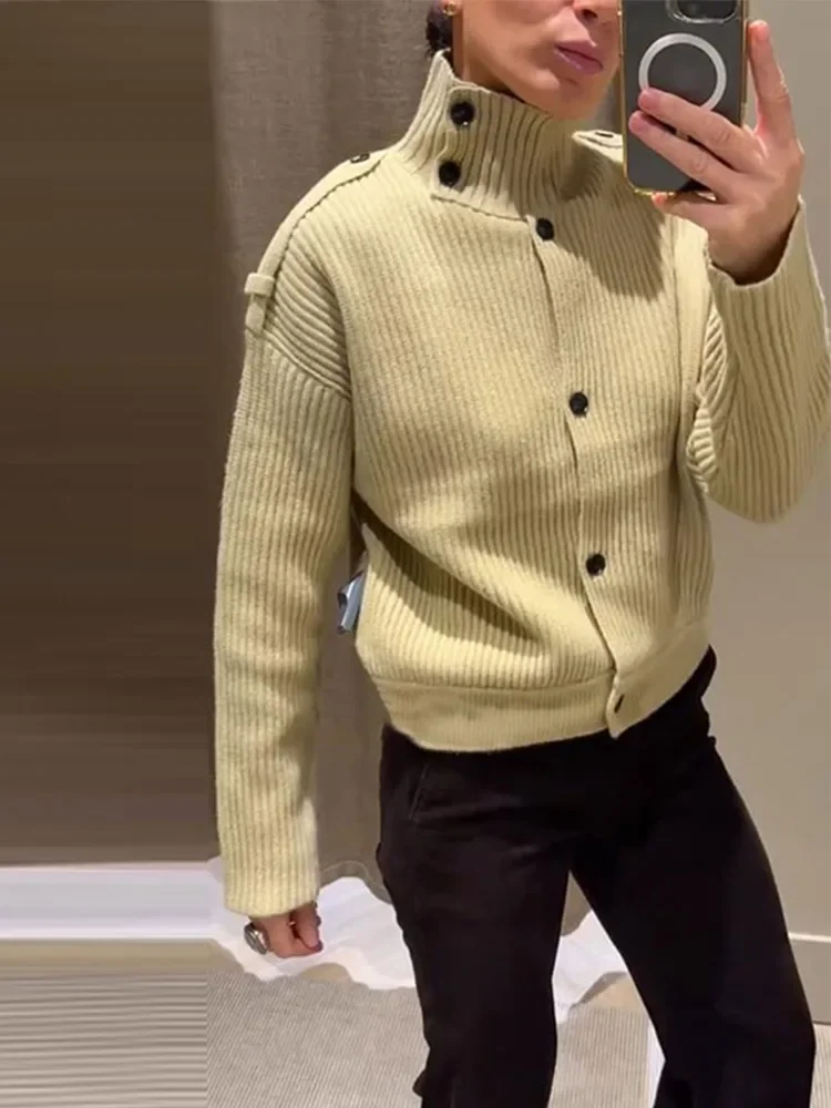 니트 가디건 여성용 크롭 스웨터 탑 턴다운 칼라 버튼 프론트 루즈 숏 니트웨어 가을 겨울 베이지 아우터웨어