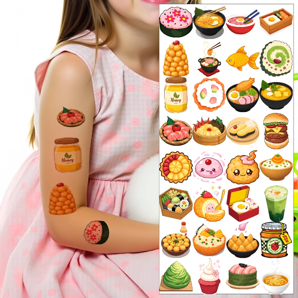 

54pcs Temporary Tattoo Cute Desserts Waterproof Long-lasting Body Stickers Food Stickers Japanese Cuisine For Cheeks Girls