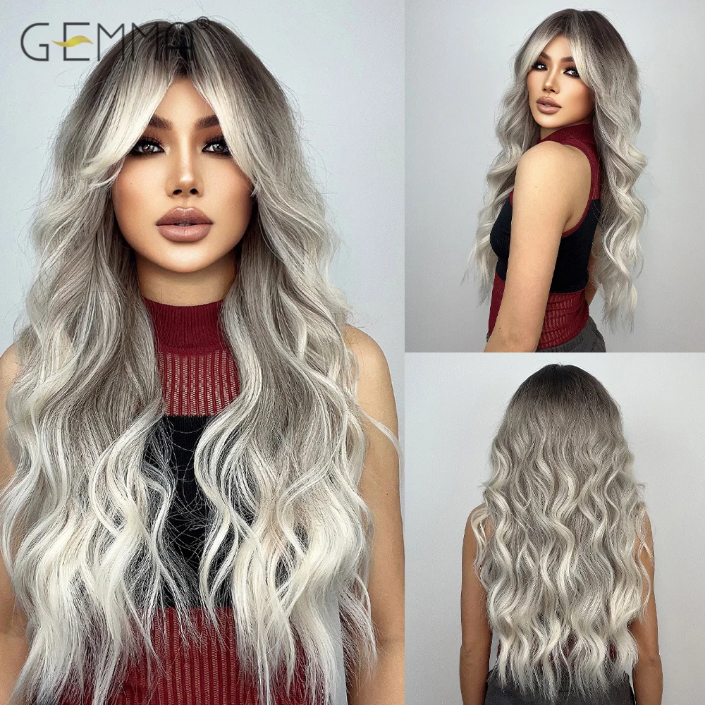 Synthetic Brown Gray Blonde Ombre Long Wavy Wig with Bangs Curly Cosplay Natural Hair Wig for Black Women Heat Resistant Fibre