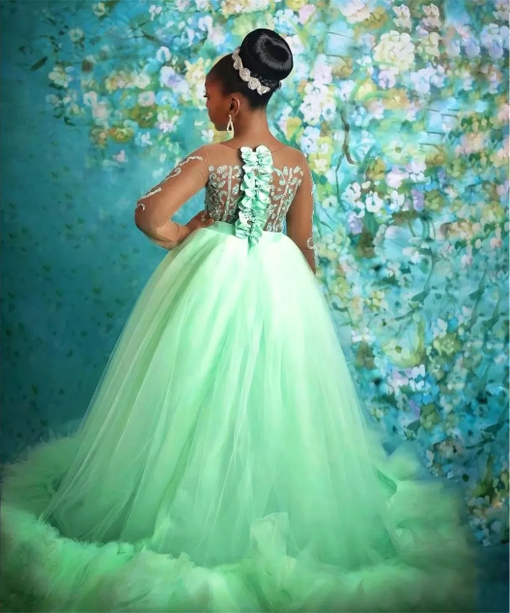

Customized Green Flower Girl Wedding Dress Appliques Bow Belt Long Sleeves Puffy Tiered Ruffles Children Birthday Pageant Gown