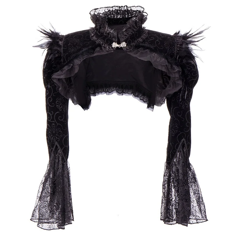 

Black Victorian Gothic Bolero Women Jacket with Feathers Stand Collar Long Sleeve Lace and Corduroy Jackets Jaqueta Feminina