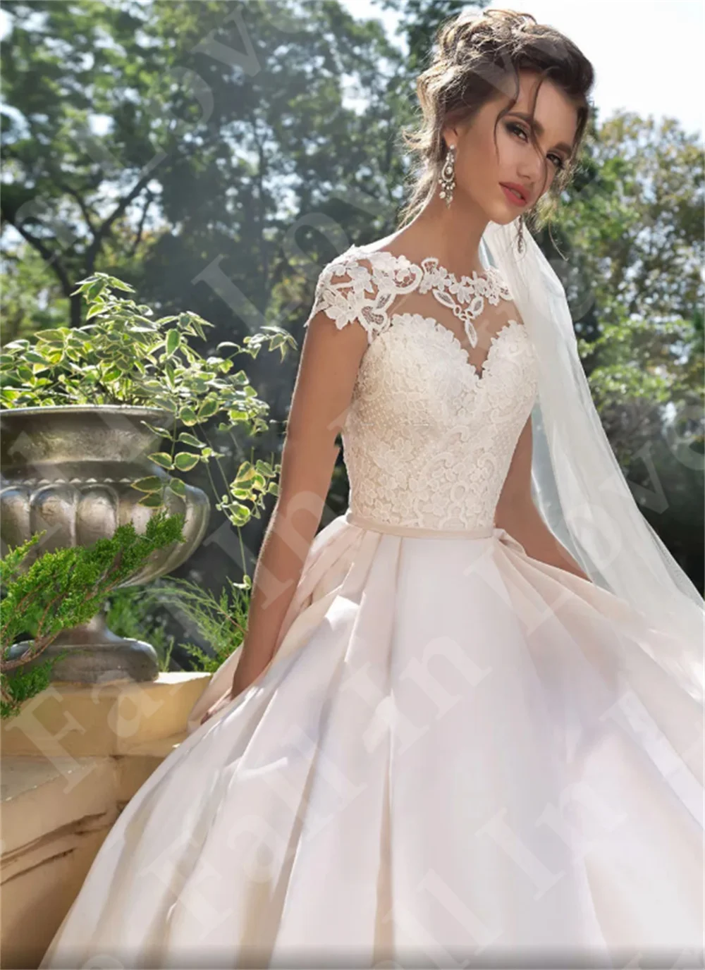 Spitzen applikationen O-Ausschnitt Brautkleid Flügel ärmel A-Linie Satin Brautkleid Vestido de Novia Robe de Mariée 2024 Hochzeits feier Kleid