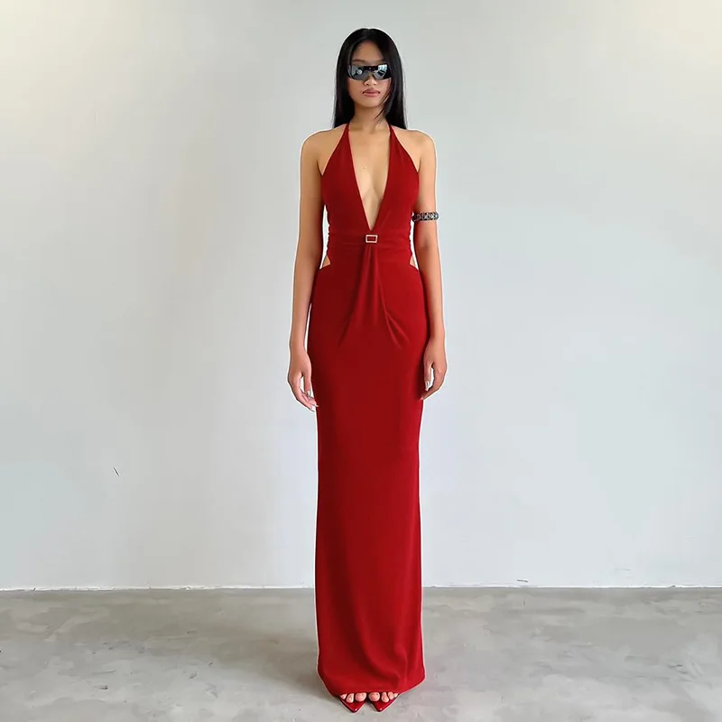 

SKMY Spring 2024 Wrap Hip Long Dresses With Metal Buckle Sexy Open Back V-Neck Halter Dress Solid Color Party Night Club Outfits