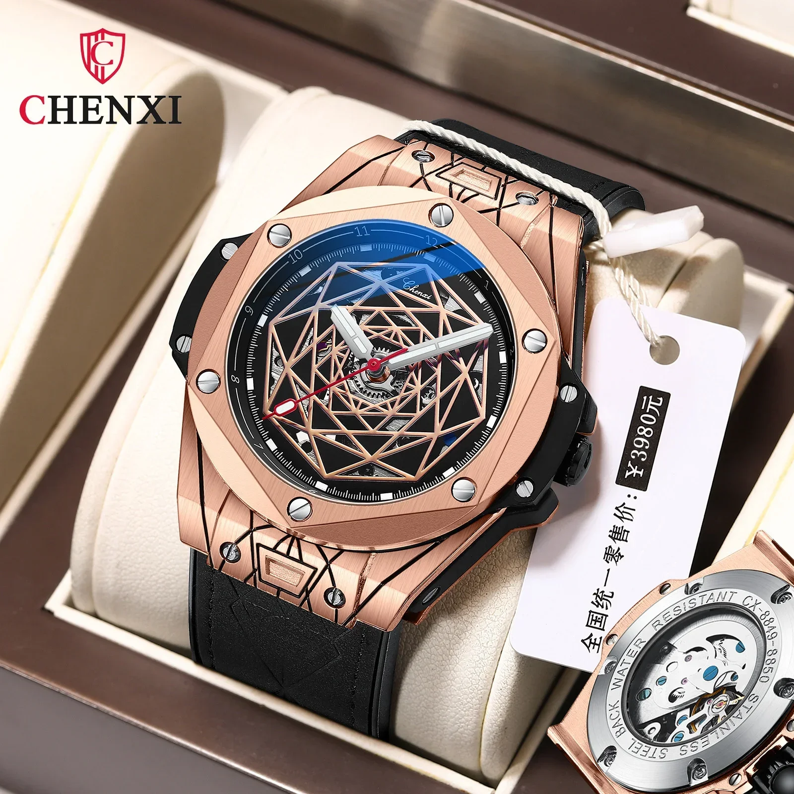 CHENXI 8849 New Fashion Cool Trend Waterproof Automatic Mechanical Men's Tattoo Watch Skeleton Mainland China