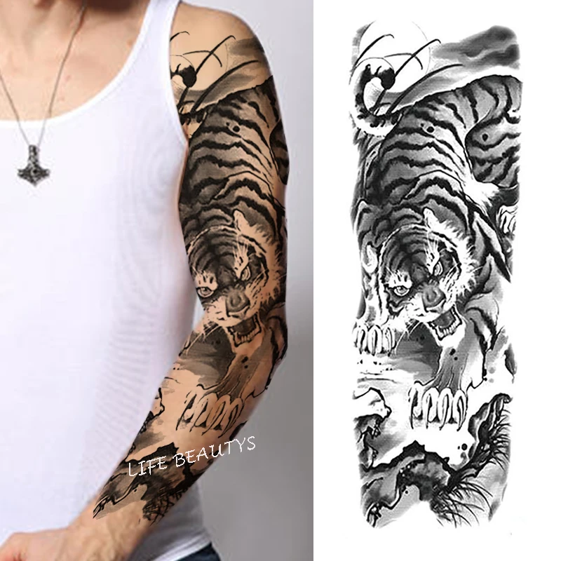 Tatuaje temporal impermeable de brazo completo para hombre y mujer, pegatina de Tigre, León, Ojo de Lobo, arte corporal, manga, Flash, tatuaje de hombro falso