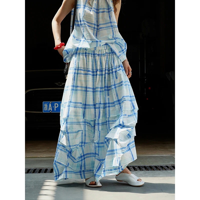 New Arrival Summer Women Casual Plaid Good Quality Cotton A-line Mori Girl Skirt Ankle-length Pleated Flower Bud Skirts Y129