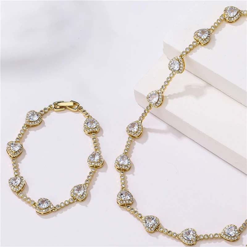 HECHENG, CZ Herz Tennis Link Kette Armband Halskette für Frauen Geburtstagsgeschenke Iced Out Bling CZ gepflastert Liebe Herz süßes Armband