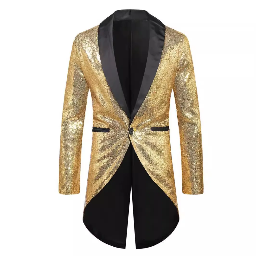 

New Men's Medium And Long One-button Suit Sequined Suit Performance Suit Men's Coat