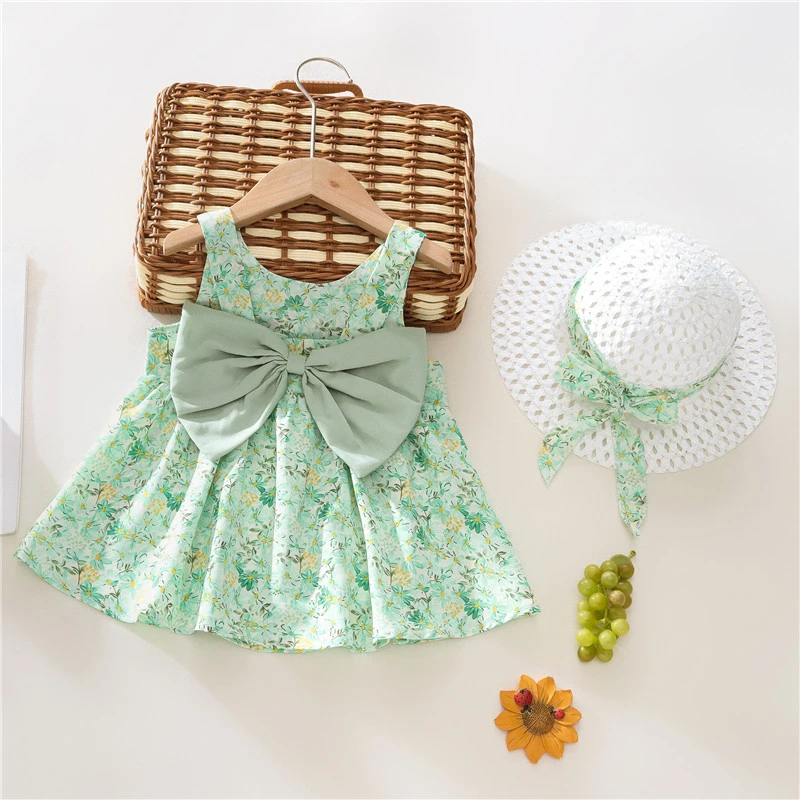 Send A Beach Hat Summer Baby Girl Outfit Set Korean Style Fashion Lovely Green Big Bow Floral Sleeveless Casual Toddler Dress