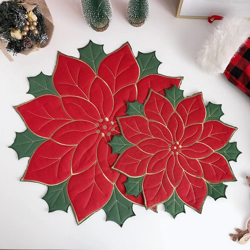 30 SZT. Świąteczne podkładki na stół Czerwone Kwiaty lniana mata na biurko podkładka kuchenna na blat XMAS Dekoracje świąteczne do kuchni Hurt