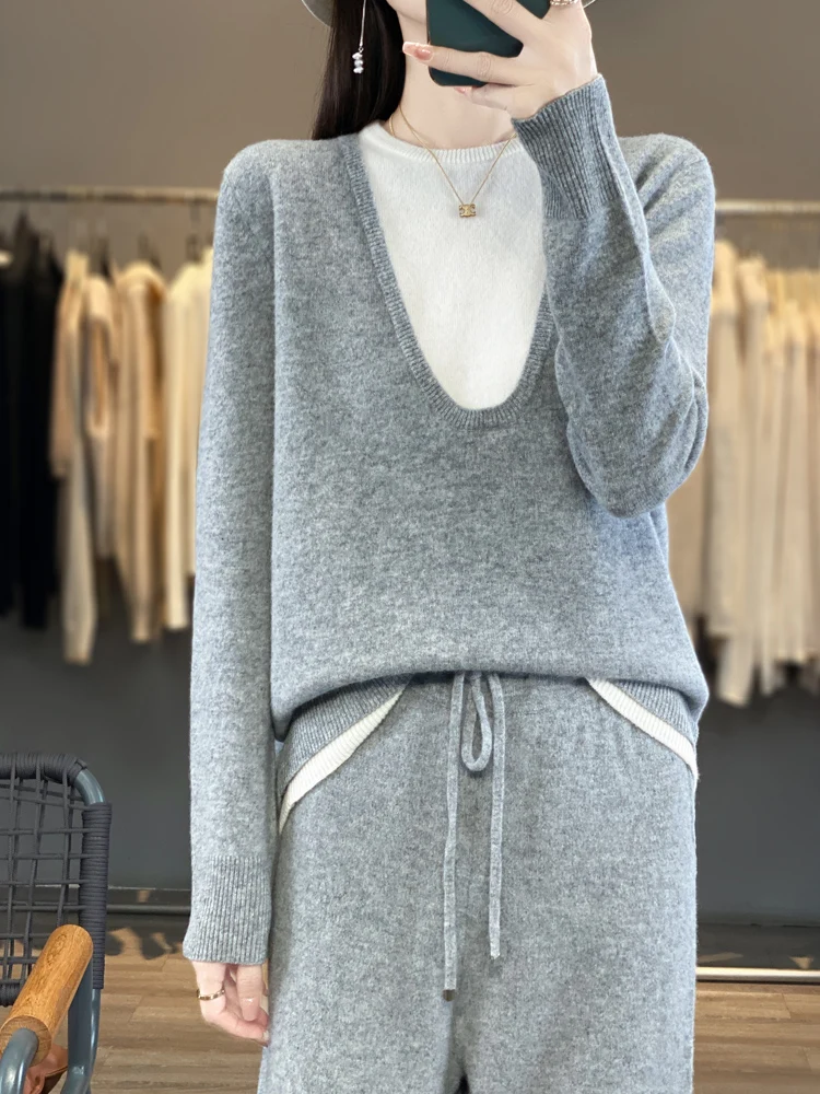 Women Two-piece Suit, Casual Long Sleeve Knitted Pullover Sweater High waisted Straight Pants, 100% Australian Wool Female Sets