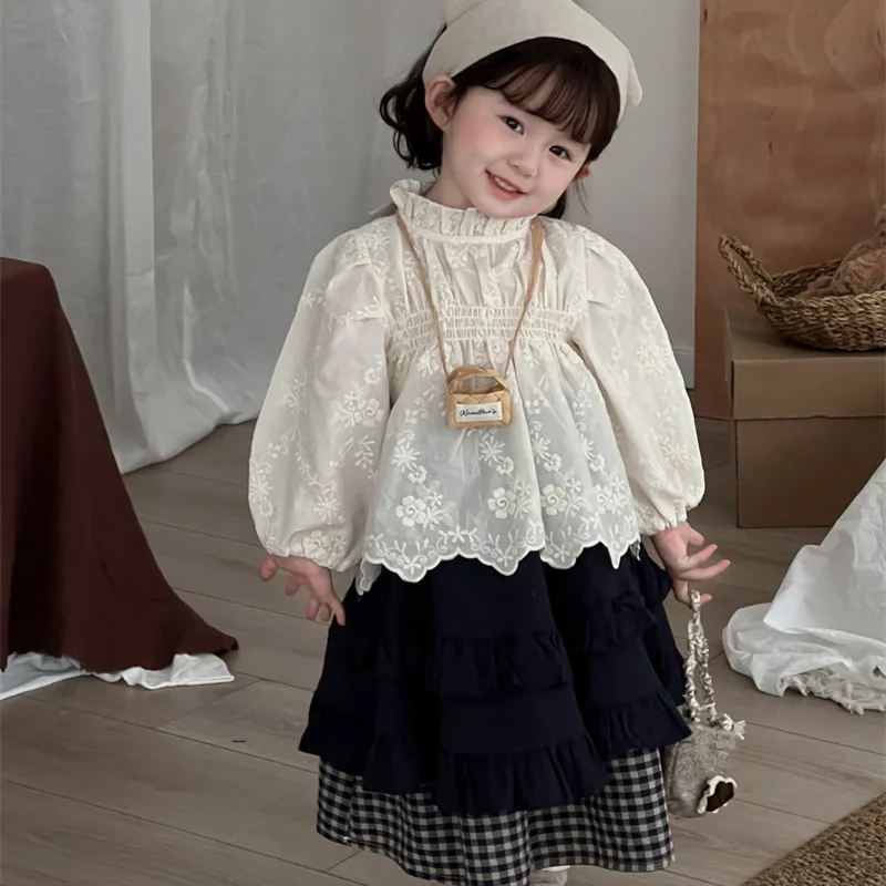 

Xifan Autumn New Children's Full Embroidery Ruffled Collar Puff Sleeve Shirt Girls' Long Sleeve Doll Shirt Korean