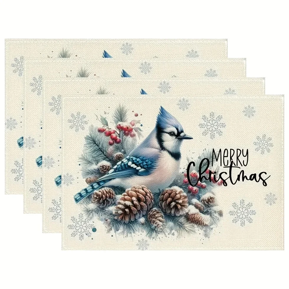 4/6/8pc Blue Jay Pinecone Merry Christmas Linen Placemats Nature Inspired Holiday Kitchen Dining Table Decor