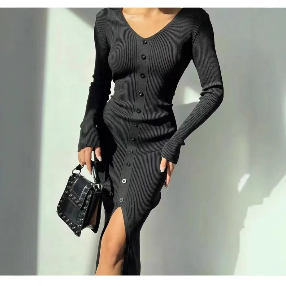 2025 Autumn Winter Ribbed Knitted Sweaters Dress Women V Neck Long Sleeve Single-breasted Front Split Slim Bodycon Midi Dresses
