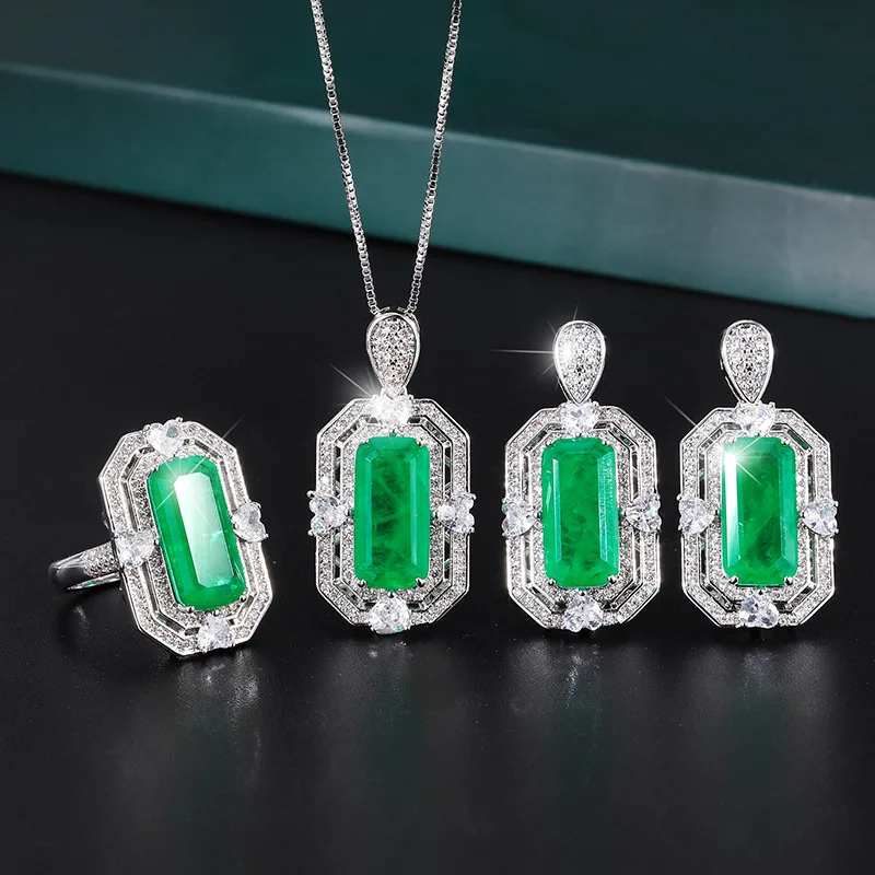 New High-end Jewelry Copper-plated Real Gold Emerald Ring Necklace Set Creative Full Diamond Luxury Setting 8*16