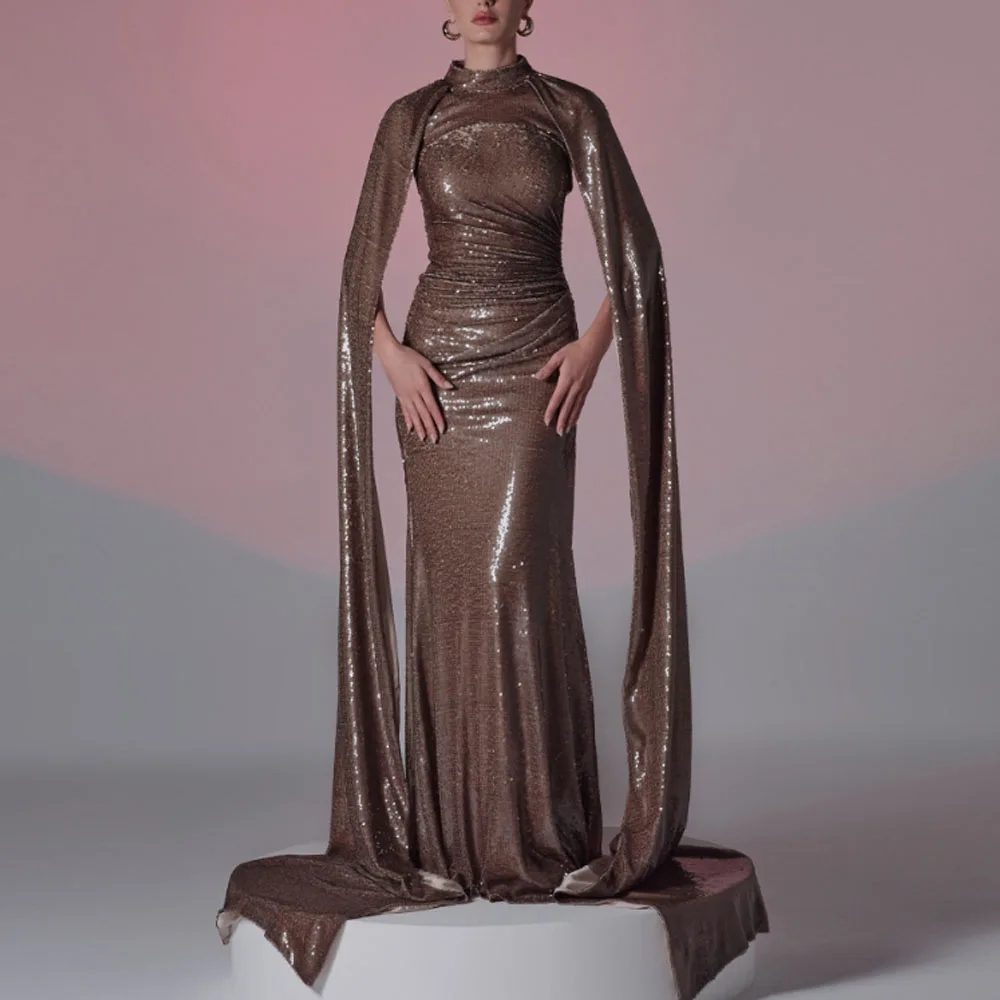 

Customized Sequin Evening Dresses with Shawl Strapless Mermaid Gala Dress for Women Brown Glitter Formal Vestidos de festi