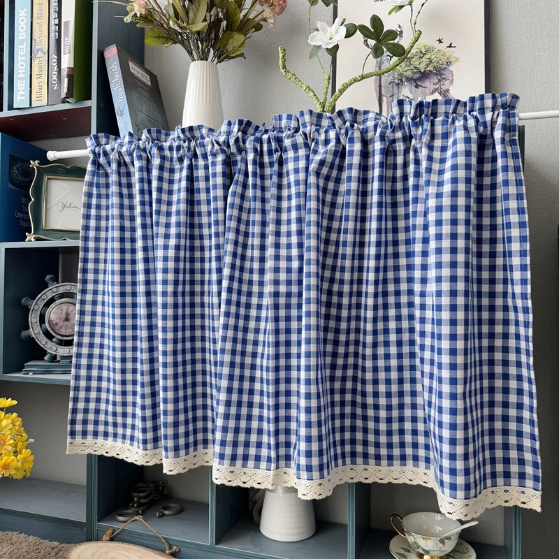 

Blue Plaid Short Kitchen Curtains Lace Trim Rod Pocket Rustic Farmhouse Window Valance for Sink Cabinet Cafe Bedroom Home Decor
