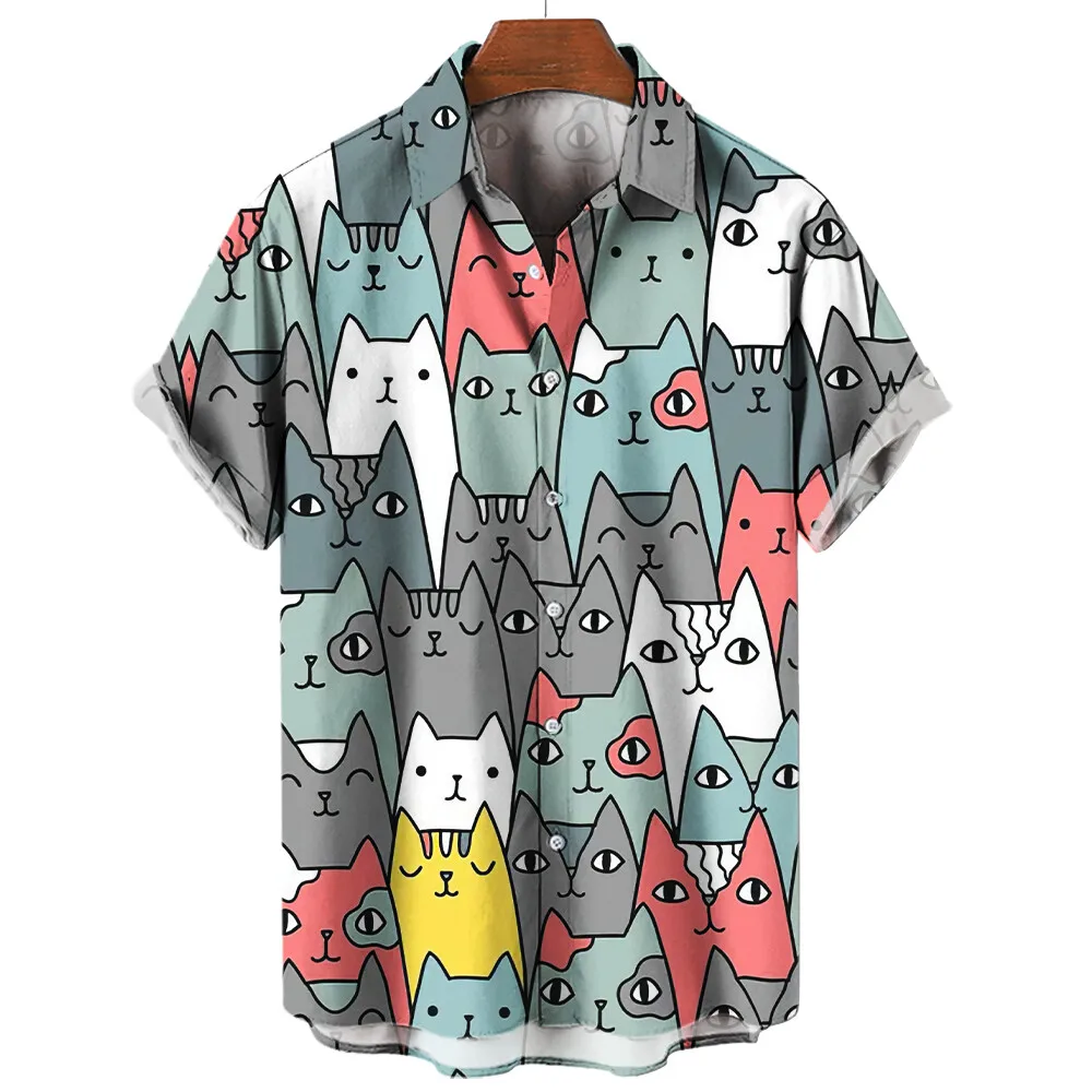 Cartoon Animal Cat Print Summer Fashion Men\'s Printed Short Sleeve Shirt Street Trend All-match Casual Men\'s Shirt Oversized Top