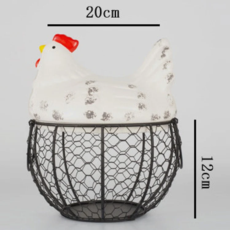 Nordic Hen Storage Basket with Lid Ceramic Metal Wrought Iron Egg Kitchen Debris Container Potato Garlic Baskets