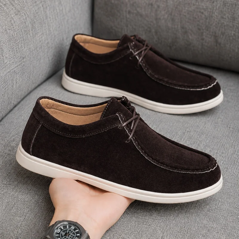Korean Style Men's Suede Loafers - Gray/Beige Soft Sole Breathable Casual Shoes Lightweight Daily Wear
