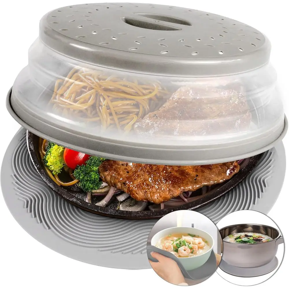 2-in-1 Microwave Cover & Silicone Mat - Bowl Holder, Trivet, Pot Holder, Drying Rack, Utensil Rest, Dishwasher Safe, Grey